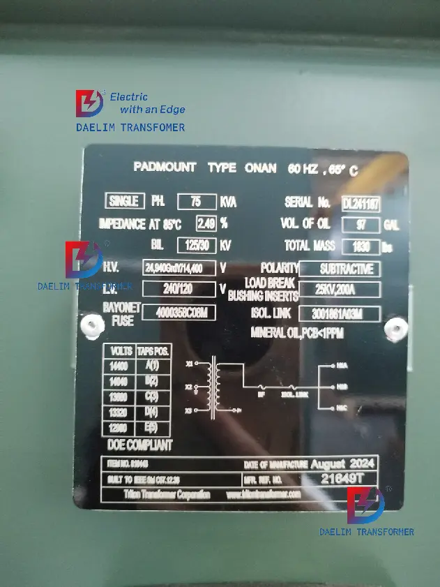 Single Phase Pad Mounted Transformer nameplate