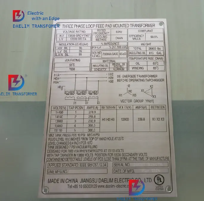 Three-Phase Pad Mounted Transformer nameplate